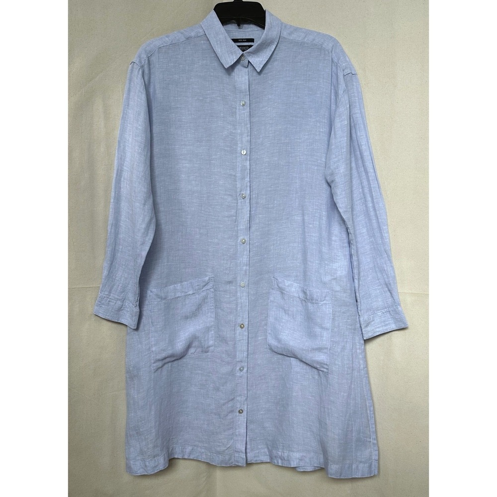 JONES & CO NY 100% Linen Shirt Tunic Dress Sz. S Baby Blue L/S Pockets Lagenlook